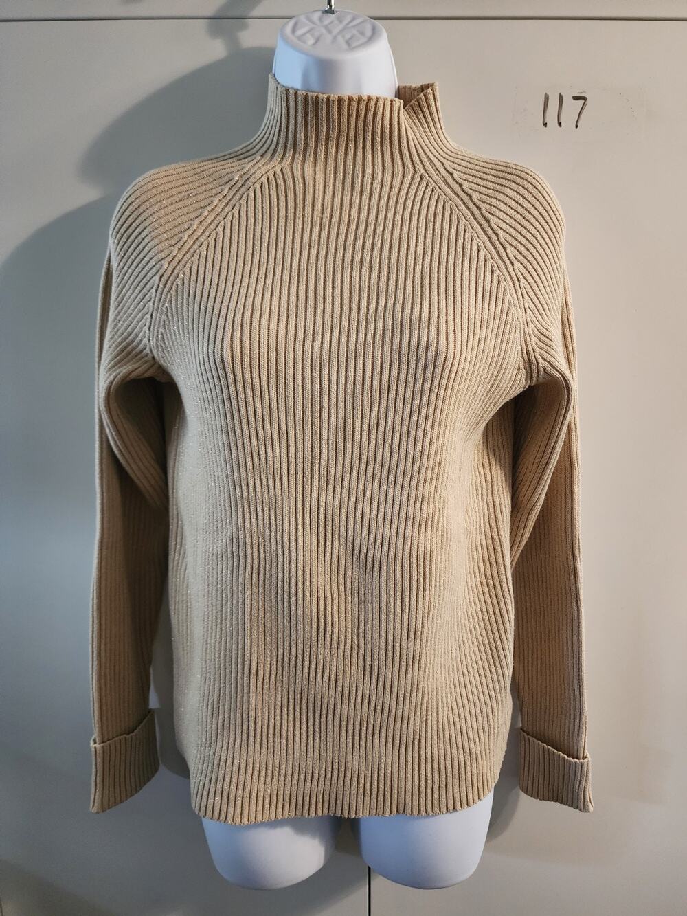 Studio Works Womens Small Beige Gold Metallic Shimmer Ribbed Mock Neck Sweater